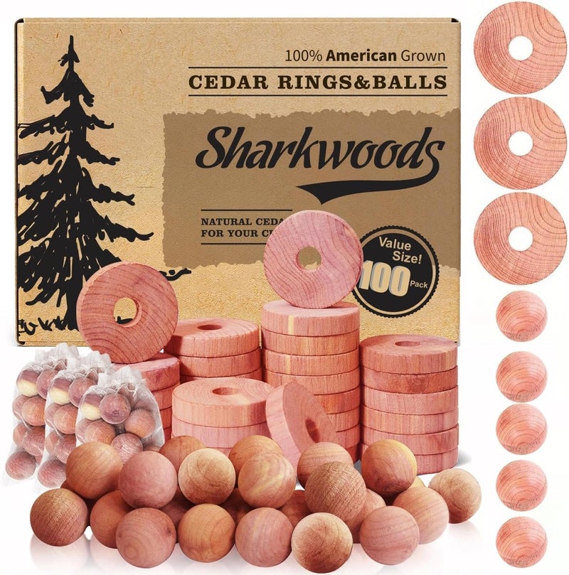 SHARKWOODS Cedar Blocks for Clothes Storage 100 Pack, 100% Natural Aromatic Cedar Rings and Balls for Closets & Drawers Freshener (60 Rings & 40 Balls) - Image 1